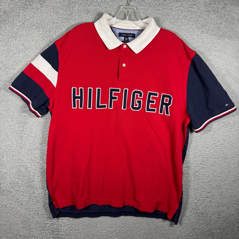 Tommy Hilfiger Mens XXL Custom Fit Colorblock Spellout Logo Polo Shirt Red Navy